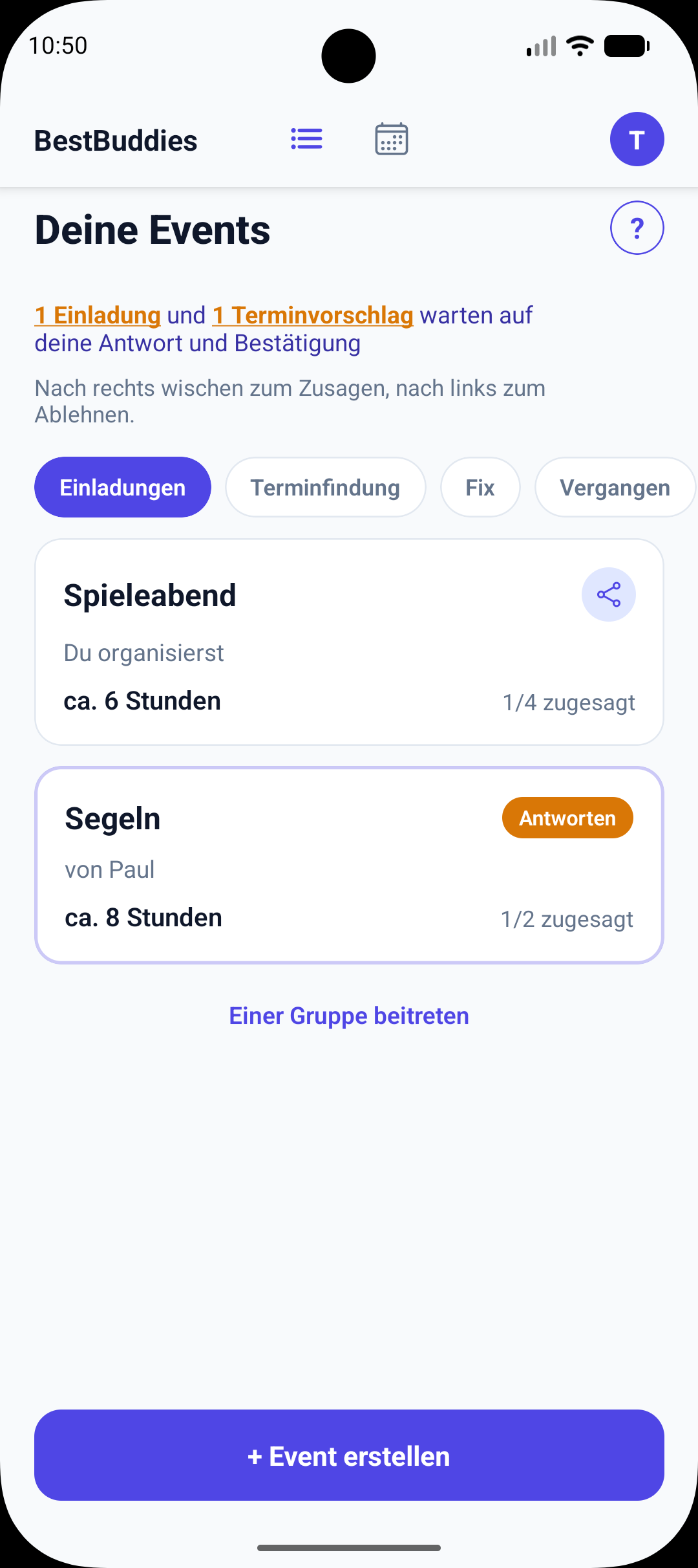 Listenansicht Einladungen